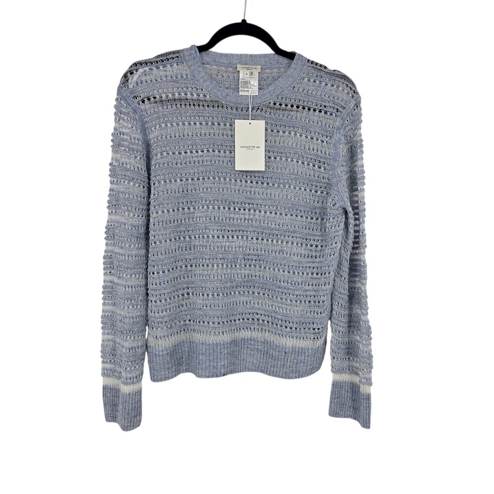 NWT Lafayette 148 Blue Dust Melange Stripe Linen Silk Open Knit Sweater Size M